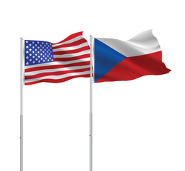 American and Czech flags together.USA,Czech Republic flags on pole