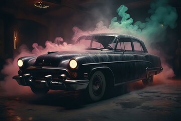 retro car in the night; created with generative AI software.