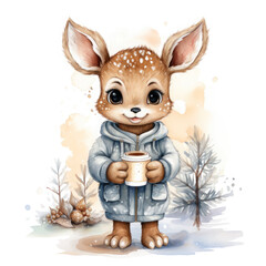 Watercolor deer in sweater and pants clothes holding holiday hot drink and eat Christmas, clipart Illustration, Generative Ai