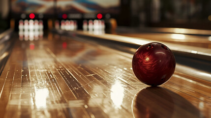 Close-up of a red and green bowling ball in a bowling alley. AI generative.