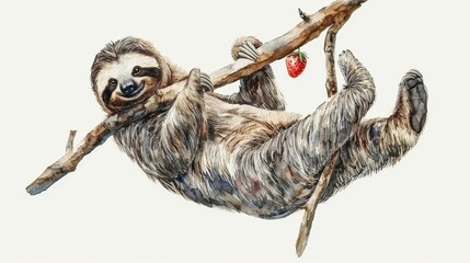 Naklejka premium A sloth on a tree branch, holding a strawberry in its mouth and a stick in its paws