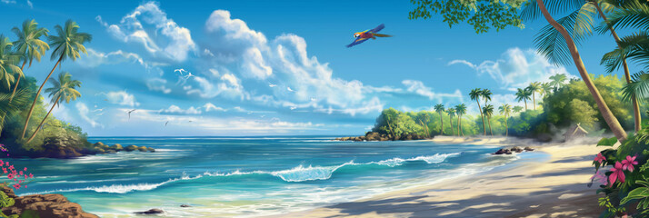 a painting of a beach with palm trees and a parrot flying over the ocean. Generative AI - Powered by Adobe
