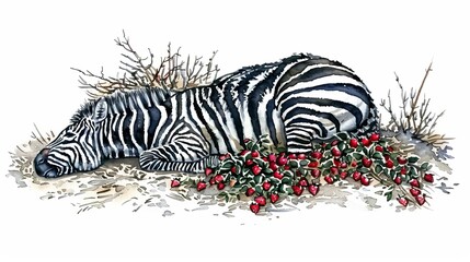 Fototapeta premium Zebra reclines by bush laden with berries