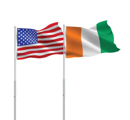 American and Ivory Coast flags together.USA,Ivory Coast flags on pole