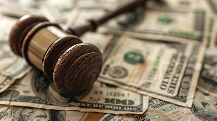 Wooden gavel on top of various denominations of dollar bills, representing the authority and finality of legal financial judgments in bankruptcy - obrazy, fototapety, plakaty