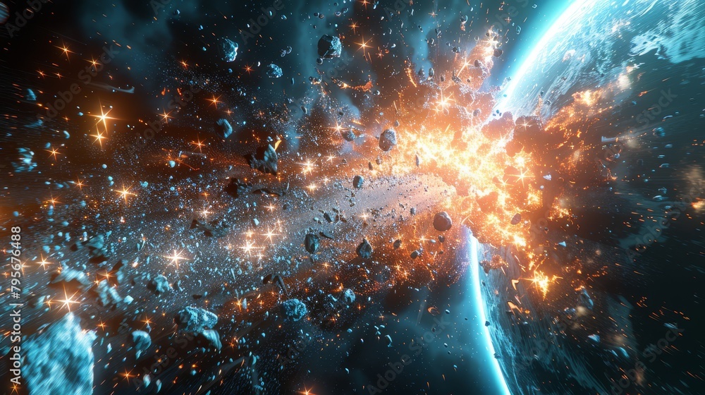 Poster a space image featuring multiple stars and a central planet surrounded by a radiant, orange glow ema
