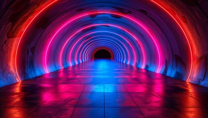 Neon light abstract background. Data transfer. Fast network. Tunnel or corridor pink blue neon glowing lights. Futuristic laser lines and LED create glow. Cyber club neon light. 
