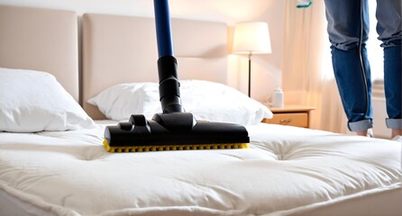 Cleaning bed with vacuum cleaner. Household, health care.