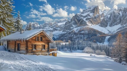 Naklejka premium Romantic Alpine Chalet with Wood Paneling, Snow-Covered Mountains in the Background, Winter Wonderland