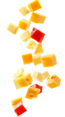 Fototapeta na wymiar Assorted Cheese Cubes Falling Isolated on White Transparent Background, PNG 