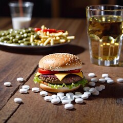 Fastfood hamburger with lot of medical pills on table. Junk food and indigestion, health problem. Overeating. Generated AI