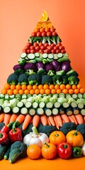 Various vegetables in shape of pyramid on orange background.