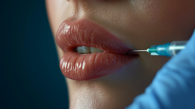 close up doctor hands in medical glove give filler of botox injection in lips. aesthetic plastic medicine surgery, dermatology beauty concept