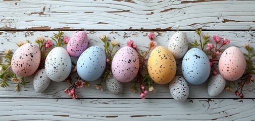 Pastel Easter Eggs with Speckled Pattern on White Wooden Background
