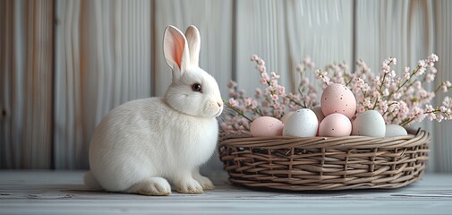 Elegant White Easter Bunny Beside a Basket of Pastel Eggs with Spring Blossoms