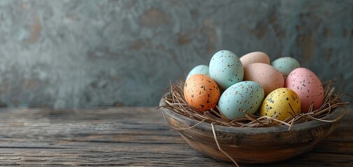 Multicolored Easter Eggs in a Rustic Wooden Bowl with Twigs