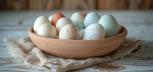Assorted Easter Eggs in a Terracotta Bowl on Rustic Wooden Table