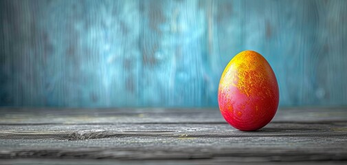 Vibrant Red and Yellow Easter Egg on a Weathered Blue Wooden Surface