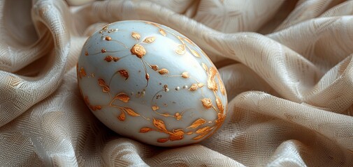 Elegant White Easter Egg with Golden Floral Pattern on Silk Fabric