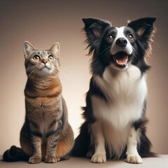  A cat and a dog sitting side by side, looking up at something.