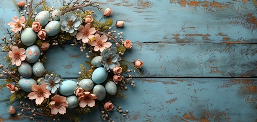 Spring Easter Wreath with Pastel Eggs and Flowers on Vintage Blue Wood