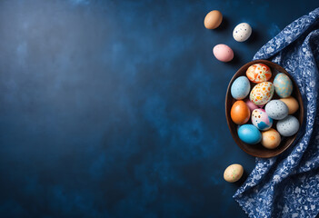 Easter painted eggs on dark blue background.