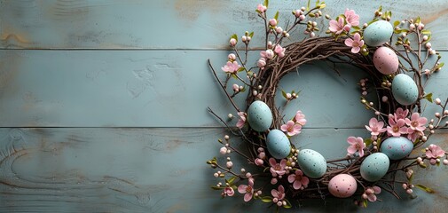 Elegant Easter Wreath with Speckled Eggs and Pink Blossoms on Aged Turquoise Wood