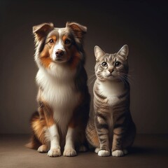  A ginger cat and a brown and white Australian Shepherd dog sit together on a dark background