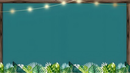 A wooden frame with a string of lights, tropical lighting, realistic detailed background