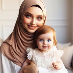  A mother wearing a hijab is lovingly gazing at her baby