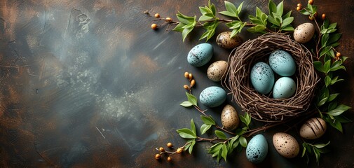 Speckled Easter Eggs in a Nest with Fresh Greenery on a Rustic Background