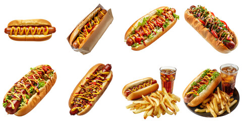 Hotdog png set collection in 3d transparent no background.
