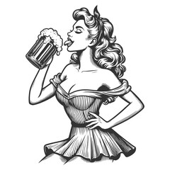 attractive pin-up style women with beer glass mug evoking classic Americana vibes sketch engraving generative ai fictional character vector illustration. Scratch board imitation. Black and white image - 795679033