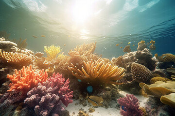 Obraz premium Underwater view of the coral reef. Ecosystem. Life in tropical waters