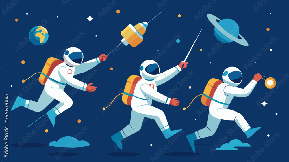 Poster a team of astronauts uses a synchronized form of martial arts to navigate a zerogravity field and re