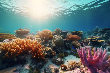 Obraz premium Underwater view of the coral reef. Ecosystem. Life in tropical waters