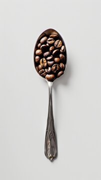 A polished silver spoon cradling a selection of dark roasted coffee beans presented on a neutral grey background, emphasizing the beans' glossiness