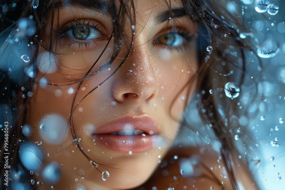 Poster close-up of water droplets on a glass surface, reflecting light and creating a mesmerizing texture e