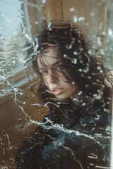Obraz premium Abstract portrait of woman behind water streaming down glass. Melancholic view of a woman through a rain-streaked window. Bankruptcy concept, failure, insolvency