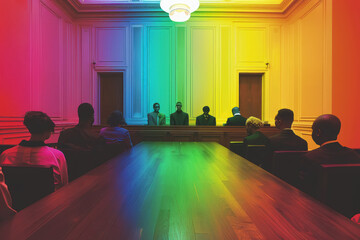 Colorful Defendants in a Monochrome Courtroom. - obrazy, fototapety, plakaty