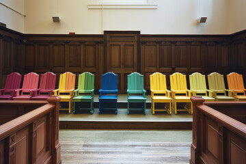 Colorful Defendants in a Minimalist Courtroom - obrazy, fototapety, plakaty