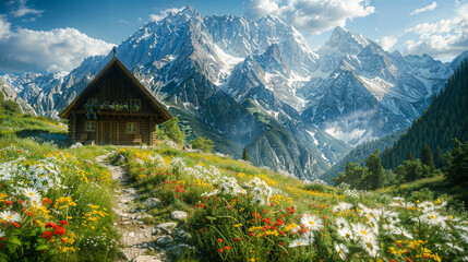 Idyllic mountain cabin in blossoming alpine meadow