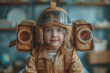 Little girl dressed in detailed vintage pilot gear with leather helmet
