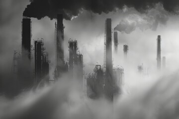 Abstract image of an oil factory shrouded in smog, with smokestacks and silhouetted structures...
