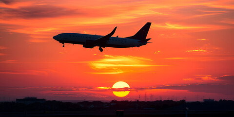 Passenger airplane flying at sunset