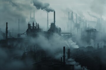 Abstract image of an oil factory shrouded in smog, with smokestacks and silhouetted structures...