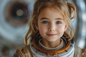 A captivating portrait of a girl with blonde hair and astronaut suit near space equipment