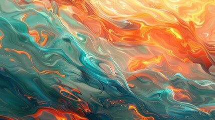 Fototapeta na wymiar Aquatic fire wave synthesis, artfully blending fluid aqua tones with fiery orange waveforms, suggesting a surreal fusion of water and flame in motion