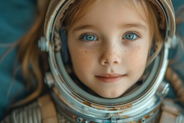 A young child gazes upward while clad in an astronaut suit, symbolizing curiosity and future goals - obrazy, fototapety, plakaty