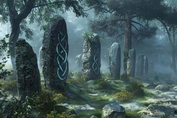 Naklejka premium Ancient Druid Circle with DNA Carvings in Forest